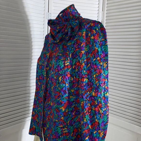 Vintage Colorful Abstract Satin Button Down Bow Tie Blouse Large - Picture 12 of 16